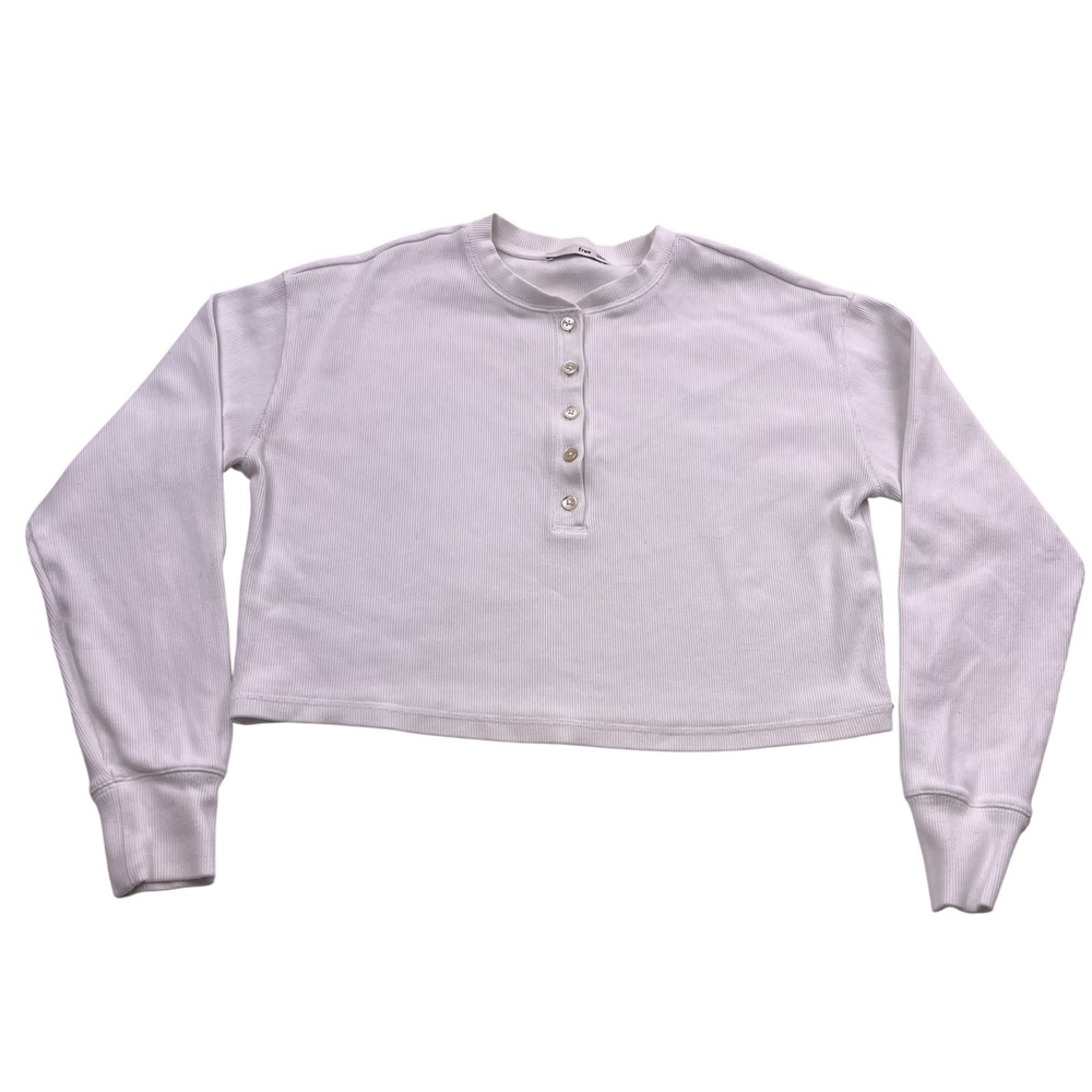 Wilfred Free Aritzia White Ribbed Henley Cropped Long Sleeve Top XXS
